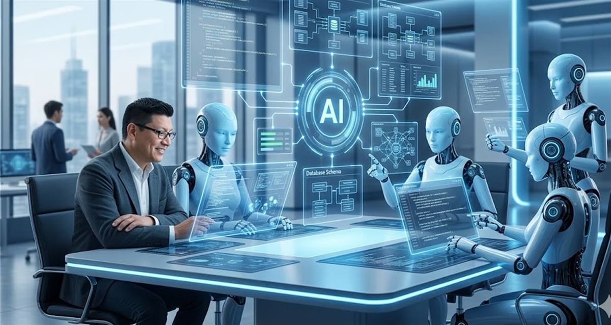 Escena conceptual de automatización empresarial con inteligencia artificial